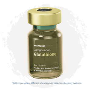 WayMaker Vitality product image featuring a close-up amber-green glass vial with a gold cap labeled “Compounded Glutathione.” The vial is centered over a light beige circular brushstroke, with a note stating that the bottle may appear different depending on pharmacy availability.