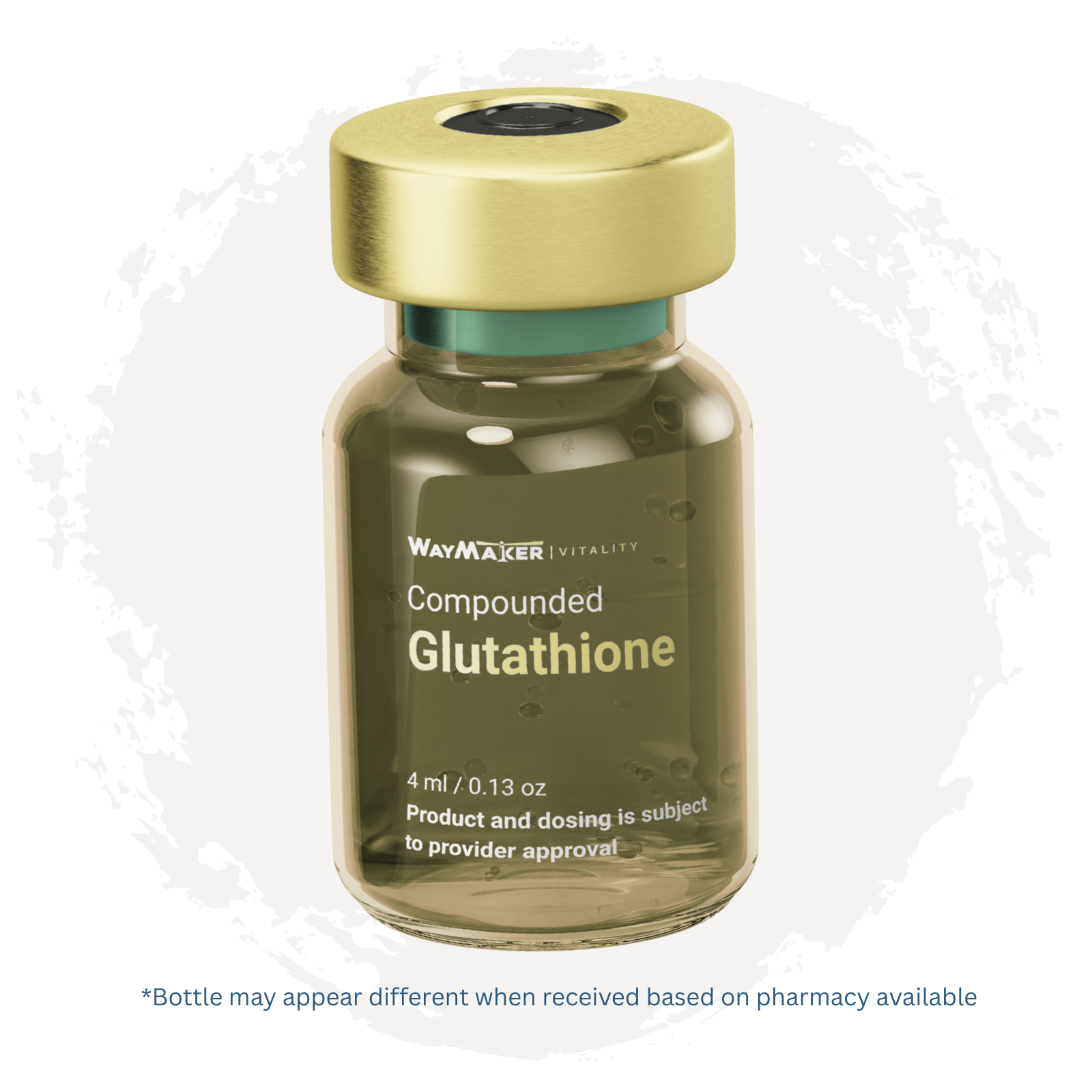 WayMaker Vitality product image featuring a close-up amber-green glass vial with a gold cap labeled โCompounded Glutathione.โ The vial is centered over a light beige circular brushstroke, with a note stating that the bottle may appear different depending on pharmacy availability.