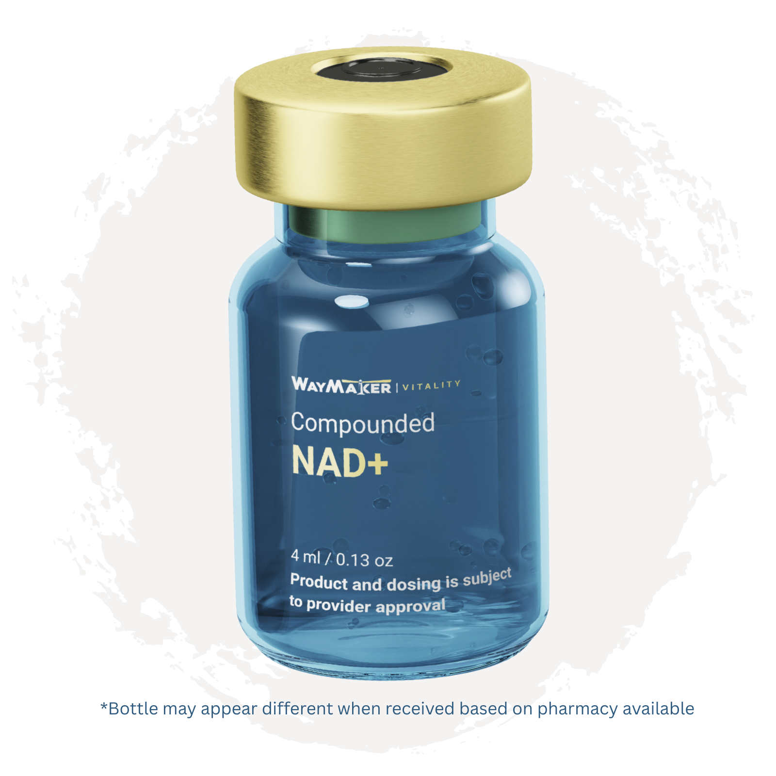 WayMaker Vitality product image showing a close-up green glass vial with a gold cap labeled โCompounded B-12.โ The vial is centered over a light beige circular brushstroke, with a note stating that the bottle may appear different depending on pharmacy availability.