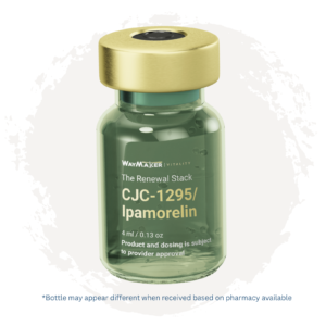 WayMaker Vitality product image featuring a green glass vial with a gold cap labeled “The Renewal Stack: CJC-1295/Ipamorelin.” The vial is centered over a light beige circular brushstroke, with a note that the bottle may appear different depending on pharmacy availability.